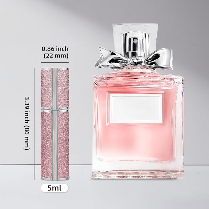 AE00PK Sparkling Travel Perfume Bottle, 5ml Mini Perfume Atomizer Sprayer, Glitter Diamond Pump Fill Perfume Bottle for Traveling, Vacation & Bussiness (Sparkling Pink)