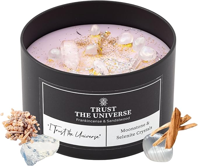 Trust the Universe Crystal Candle, 8oz Soy Wax with Moonstone & Selenite Crystals, Frankincense & Sandalwood Aromatherapy for Meditation, Manifestation & Spiritual Gifts for Women and Men
