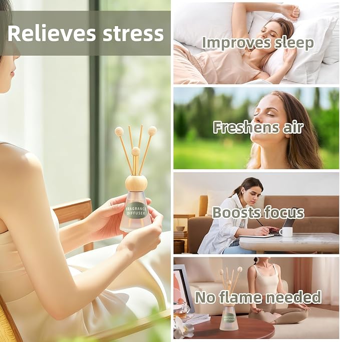 Reed Diffuser Set, Freesia Scent with Reed Sticks, 1.7 fl oz / 50ml Cone-Shaped Bottle with Round Wooden Cap, Ideal for Bathroom, Bedroom, Office, Home Fragrance for Shelf Decor Air Freshener