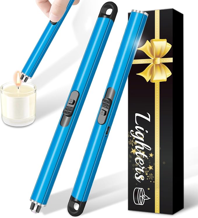 2 Pack Electric Candle Lighters, USB Rechargeable Lighter with Windproof Flameless & Extended Handle, Suitable for Candles, BBQ, Camping, Gas Stove, Festivals Gift (Blue, 2 Packs-B)
