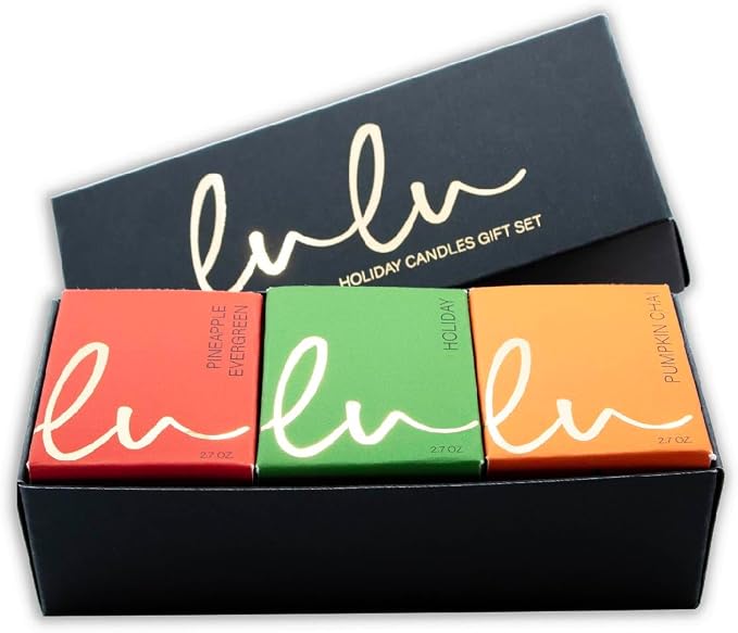 Lulu Candles | Holiday, Pineapple Evergreen, Pumpkin Chai | Luxury Scented Soy Jar Candle | Hand Poured in The USA | Highly Scented (Holiday Gift Set - 3 PC, 2.7 Oz. Votives)