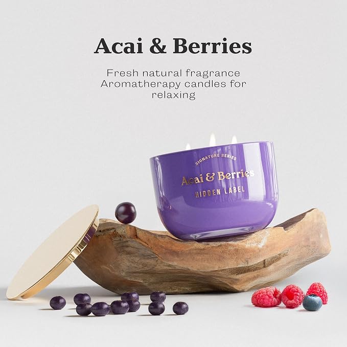 Hidden Label Acai & Berries Scented Candle, 18oz 3 Wick Large Soy Wax Candle, 70 Hour Burn | Non Toxic Aromatherapy Candle for Home, Mood Boost & Energy | Luxury Candle Gift for Women and Men