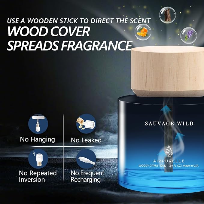 Car Air Freshener 50ML (1.7 FL OZ) Car Air Fresheners Diffuser, Woody Citrus Fragrance Oil Car Air Freshner, 180+ days Long Lasting Car Perfume, Wooden Cup Design, Made in USA