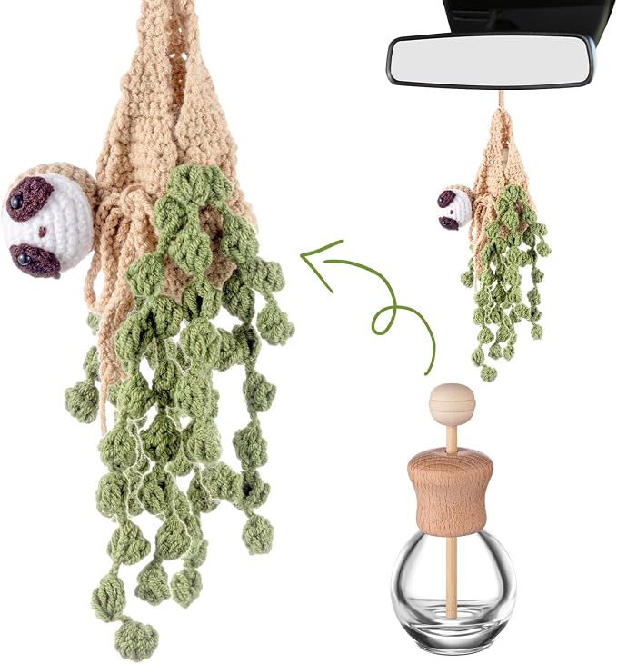 DaisyInner Cute Crochet Plant Car Freshener 12ml Empty Refillable Diffuser Bottle with Plants Hanging Accessories for Ornaments Charms Rearview Mirror Home Office Decor Women Gifts(Sloth)