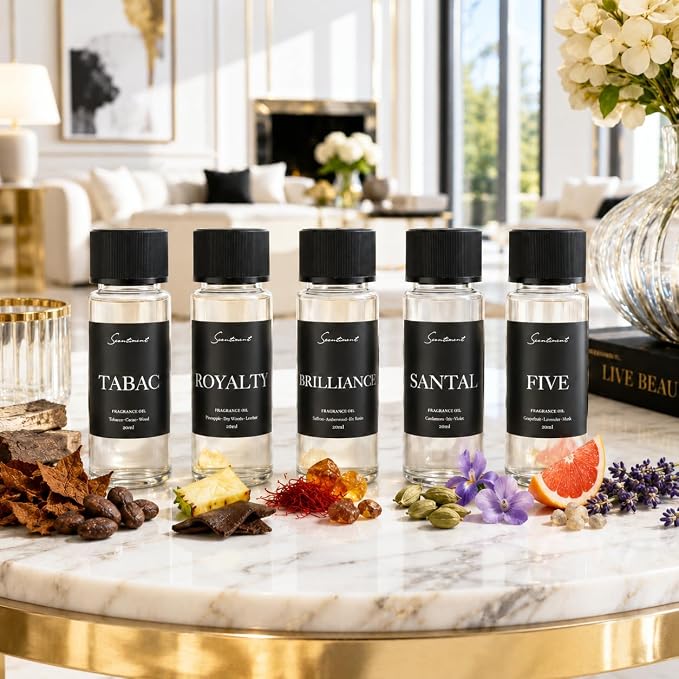 Scentiment Designer Diffuser Oils – Santal (Sandalwood), Tabac (Tobacco & Cacao), Brilliance (Saffron & Amber), Royalty (Pineapple & Leather), Five (Citrus & Musk) – 5 Pack, 0.68 fl oz (20 mL)