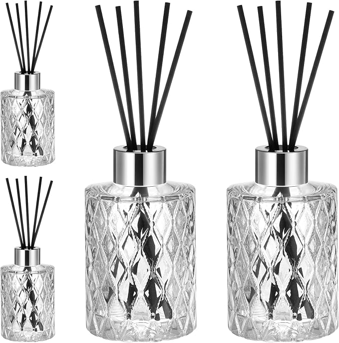 4 Set Empty Reed Diffuser Bottle Set with Stick, 150ml Refillable Patterned Glass Vase with Black Rattan Reed & Cap for DIY Essential Oil, Home Fragrance, Bulk,Silver
