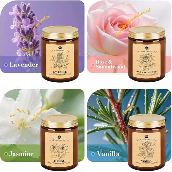 WarmEmbrace Lavender Candles, 4-Pack Scented Candle Set for Women, 7.6 oz Natural Organic Soy Wax in Glass Jar, 160 Hours Long-Lasting Burn, Perfect for Mother's Day, Birthday Gifting (4 Fragrance)