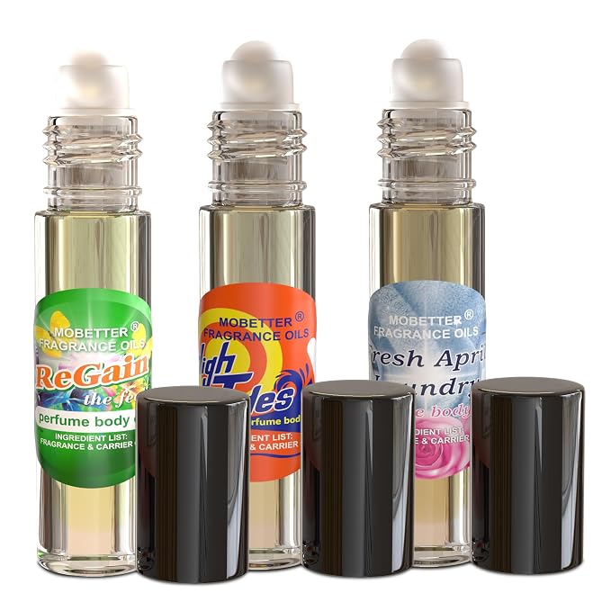 MOBETTER FRAGRANCE OILS Laundry Day Body Oil Perfume Set, Regain, High Tides, & Fresh April Roll on