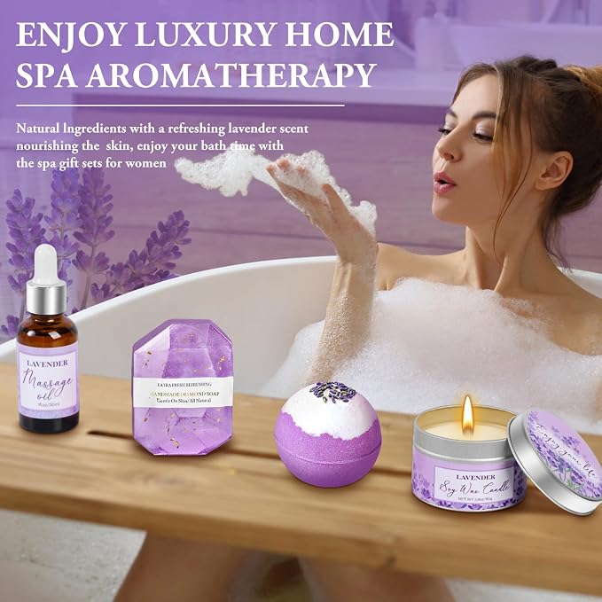 Spa Gifts for Women, Lavender Gift Baskets, Birthday Gifts for Women, Bath and Body Relaxing Self Care Care Package Home Spa Bath Gift for Her Mom Sister Wife Female Friends Coworker Employee