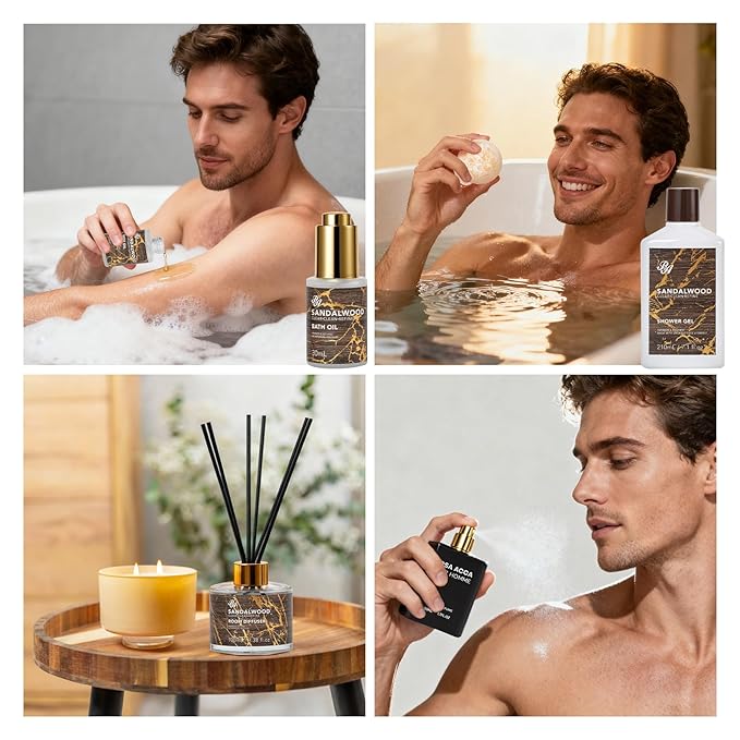 36 Pcs Sandalwood Bath & Body Gift Basket for Men, Father's Day Gifts, Beard Grooming Set, Face Skin Care Kit, Men Home Spa Gift Basket, Bath Bomb, Birthday, Valentines, Christmas, Dad, Anniversary