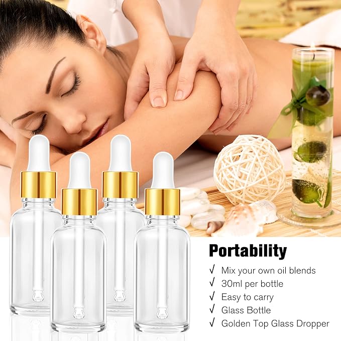 PrettyCare 4 Pack 1oz Dropper Bottles for Essential Oils, 30 ml Clear Glass Essential Oils Bottles with Labels, Funnels- Empty Leak Proof Tincture Bottles for Personal Care & Beauty