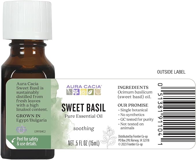 Aura Cacia Sweet Basil Essential Oil, 100% Pure Ocimum Basilicum Oil - Clarifying Aromatherapy for Diffusers, Home Care, Skincare, Custom Blends | 0.5 Fl Oz (Pack of 1)