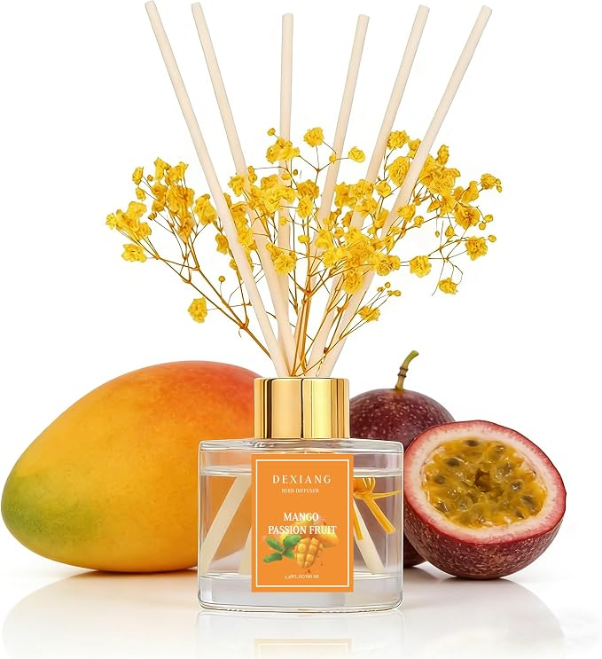 Reed Diffuser Set - 3.38 fl oz Tropical Fruit Premium Scented Oil with Preserved Baby's Breath & Cotton 6 Sticks | Long-Lasting Aromatherapy for Home, Bedroom, Bathroom, Office Home Decor