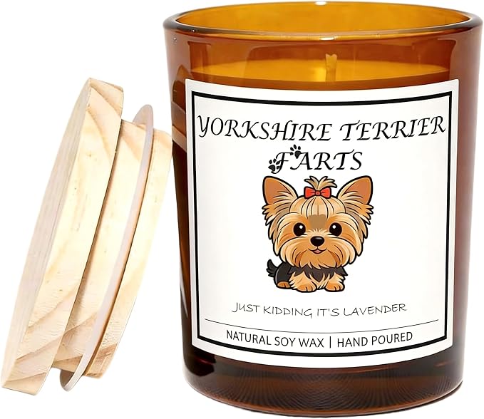 Yorkshire Terrier Gifts for Women | Birthday Gifts for Mom | Light When Dog Farts Candle | Cedar By Natural Soy Wax | Pet Safe Friendly Memorial Candles for Home Scented Household Essentials