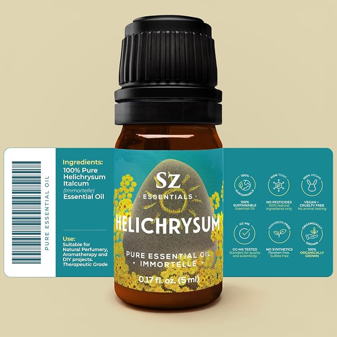 Helichrysum 100% Pure, Essential Natural Oil - Extracted from Helichrysum Italicum Immortelle - Pleasant & Sweet Scent with Floral Overtones - Therapeutic Grade & Vegan - 0.17oz (5ml)