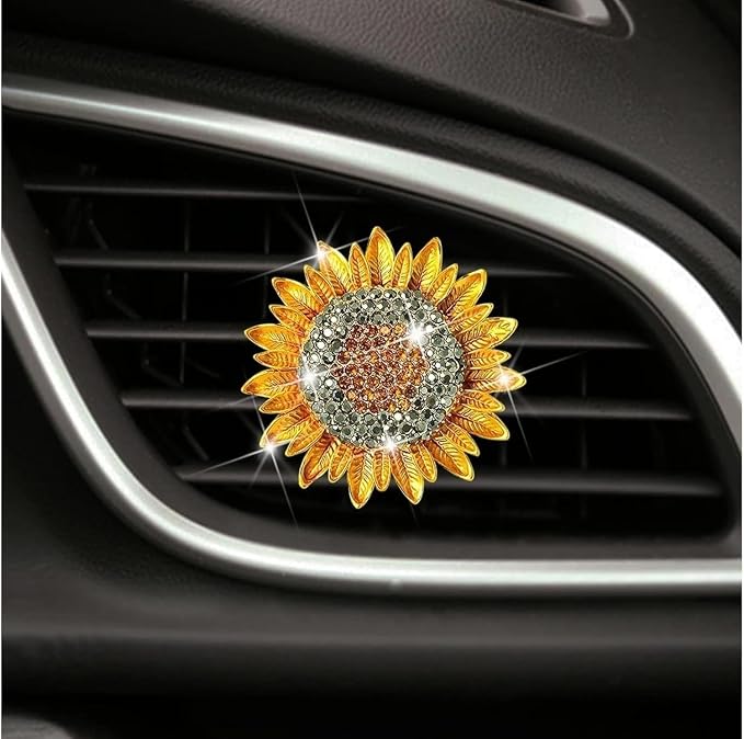 4Pcs Bling Sunflower Air Vent Clips, Golden Car Air Fresheners Diffuser, Diamond Decoration Rhinestone Interior Decor Cute Accessories