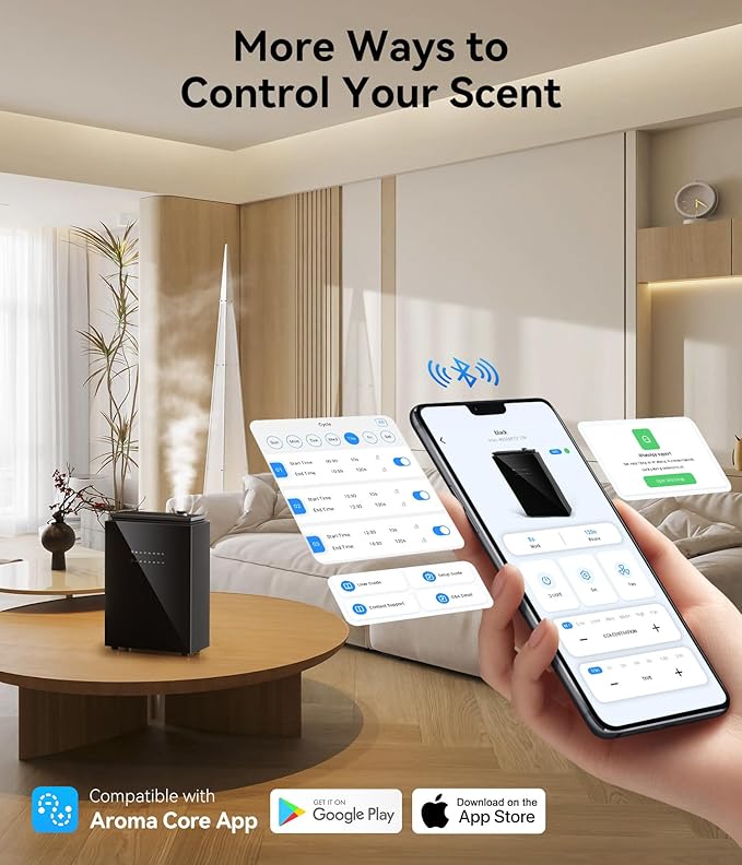 Essential Oil Diffuser - HVAC System, 5500 Sq.Ft Waterless Diffuser, Whole House & Aromatherapy Diffuser, Oil Diffuser for Office Home Large Room, WiFi & Bluetooth App Control, Black