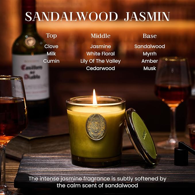 M&SENSE Natural Strong Soy Candle | Sandalwood Jasmine & Green | 9.2 oz, 50H Burn Time | Luxury Candle for Relaxation, Gifting, Home Décor | Candles for Mothers Day Gifts