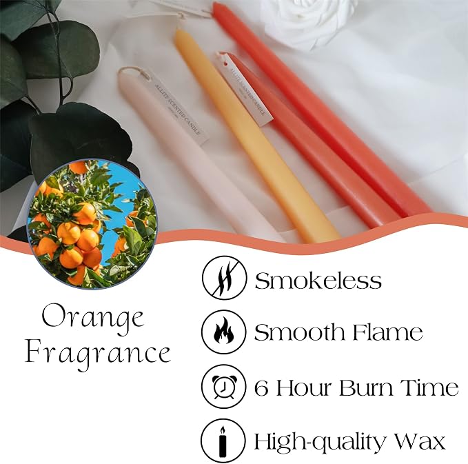 Orange Scented Taper Candles 10 Inch Dripless Candlesticks, 4 Pack Long Dinner Candles for Wedding Easter Table Decor Home Decoration Party Centerpiece & Mother’s Day
