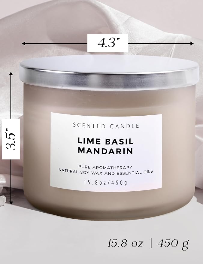 Lime Basil Mandarin 3-Wick Soy Candle | 15.8 oz Large Scented Candle for Home | Clean Burn Long Lasting | Fresh Herbal Citrus Scent | Gift Ready