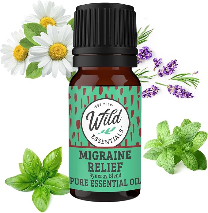 Wild Essentials Migraine Relief 100% Pure Essential Oil Synergy Blend 10ml, Formula for migraine Headaches, Tension, Congestion, stuffy Nose, Cold, M-Grain, Made in USA