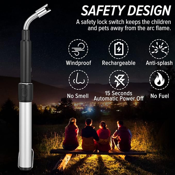 Electric Arc Lighter - Rechargeable Plasma Lighter with 11.4"-27.55" Adjustable Neck, Windproof & Flameless for Candles, Fireplaces, Fire Pits (Silver)