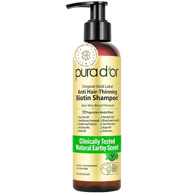 PURA D'OR Original Gold Label Anti-Thinning Biotin Shampoo Natural Earthy Scent, CLINICALLY TESTED Effective Results, Thickening Products, Women & Men, Color Treated Hair, Natural Earthy Scent 8 Fl Oz