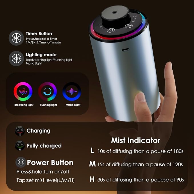 Waterless Essential Oil Diffuser, Portable Aromatherapy Diffuser,3 Countdown Timers & 3 Mist Levels for Home, Room, Car, Office