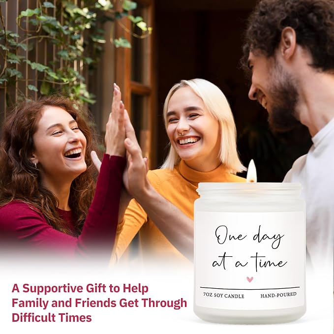 Shqiueos Get Well Gifts for Women Men, Thinking of You Gift-One Day at A Time Lavender Scented Candle 7oz, Inspirational Breast Cancer Care Present, Encouragement Sympathy Bereavement Christmas Gift