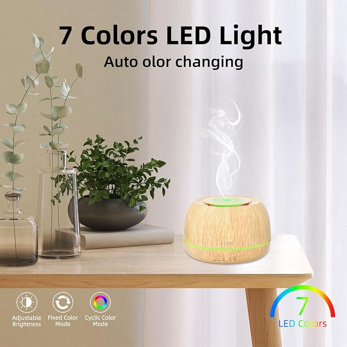 SEEDSEEL 300ML Essential Oil Diffuser 8 Hours Run Time, Aromatherapy Diffuser with Remote Control,7-Color LED for Home