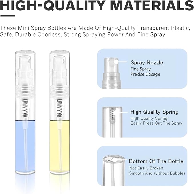 Mini Spray Bottle, Clear Plastic Empty Sample Containers, Fine Mist Perfume Travel Refillable Spray Bottle Perfume Atomizer Small Portable Bottle for Cleaning, Travel, Essential Oils(60, 3ml)