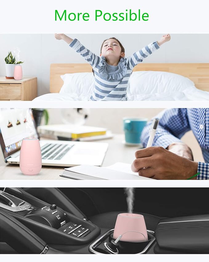 Diffuser,USB Plug-in Car Portable Aromatherapy Diffuser,Essential Oils for Diffusers with 7 Colors Lights 2 Switch Mode Waterless Auto Off for Car Home Office Room (Pink)
