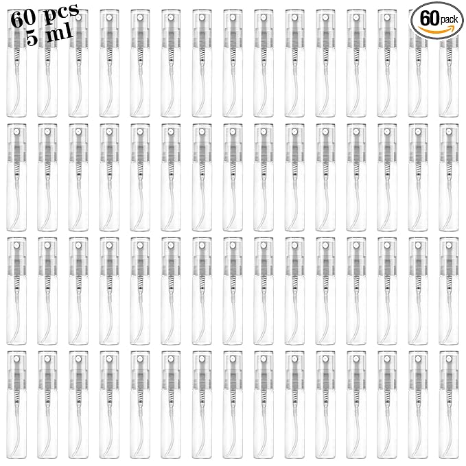 Mini Spray Bottle 5ml, Refillable Glass Spray Bottle, Glass Bottle Atomizer, Perfume Mouthwash Atomizer for Cleaning Refillable Container for Travel, Essential Oils, Perfume 60 Pcs, 5ml