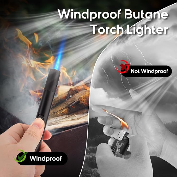 LcFun 2 Pack Torch Lighters Refillable Butane Lighter with Visible Fuel Window, Windproof Adjustable Jet Flame Long Lighters Matches for Candle, Grill, BBQ, Camping, Fireworks (Butane NOT Included)