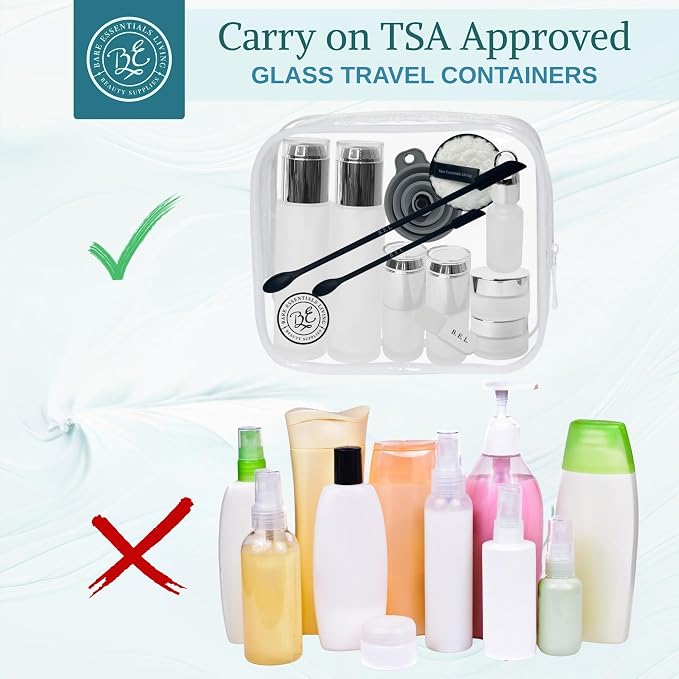 14 Pcs Glass Travel Skincare Containers Set-TSA Approved Toiletry Bag & Glass Travel Bottles for Toiletries Pump, Spray & Dropper Bottles Travel Size for Foundation, Serum Moisturizer Oil & Cream