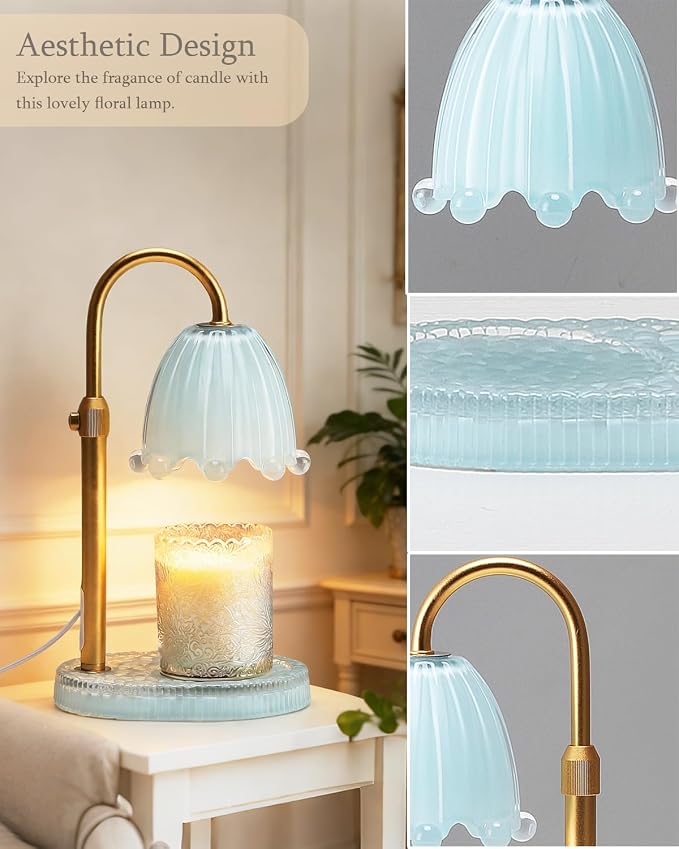 Flower Candle Warmer Lamp Glass Base with Timer & Dimmer, Mothers Day Birthday Gifts for Mom Women, Adjustable Floral Candles Warmer, Girly Wax Warmer New Home Office Decor (Blue-Flower)