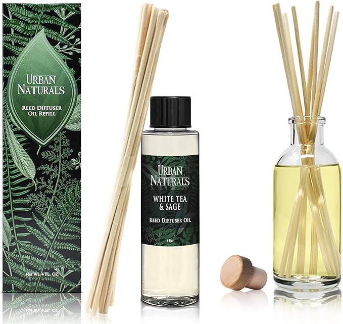 Urban Naturals Reed Diffuser Oil Refill White Tea & Sage, Sparkling Bergamot, Fresh Sage, 4 oz + Free Reed Sticks, Made in the USA