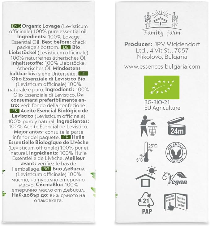 Essences Bulgaria Organic Lovage Essential Oil 1/6 Fl Oz | 5ml | Levisticum officinale | 100% Pure and Natural | Undiluted | Therapeutic Grade | Family Owned Farm | Steam-Distilled | Non-GMO | Vegan
