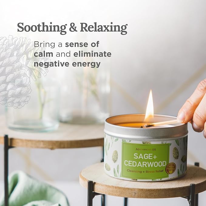 MAGNIFICENT 101 Sage & Cedarwood Scented Soy Candle - 6 Oz - 35-Hour Burn - Energy Cleansing & Stress Relief - Aromatherapy Candle & Spiritual Gifts for Women