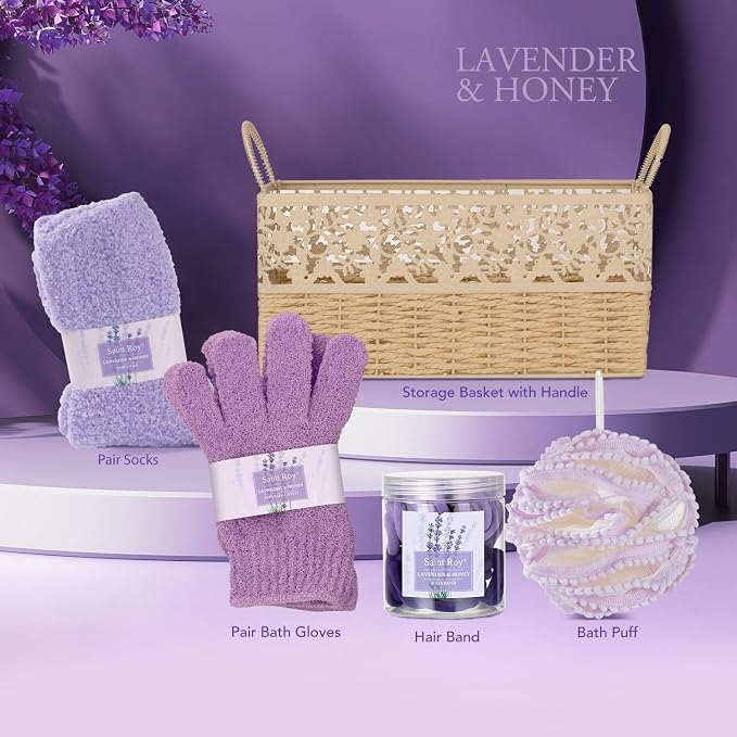 Lavender Bath and Body Gift Basket, Face Skin Care Set, Spa Kit, Self-Care | Bath Gift Baskets, Spa Gifts for Women, Spa Kit, Spa Gifts for Women Bath and Body Lavender Honey Gift Set, Mom, Girlfriend