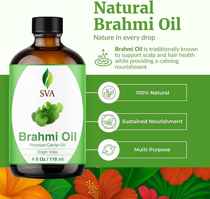 SVA Brahmi Oil - 4 Fl Oz – 100% Natural Cold Pressed Brahmi Oil - for Face, Skin Care, Hair Care, Scalp Massage & Body Massage – Carrier Oil with Dropper
