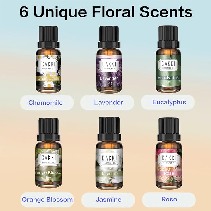 CAKKI Essential Oils for Diffusers for Home, Floral Fragrance Oils Set, 6x10ml, Rose, Lavender, Chamomile, Eucalyptus, Orange Blossom, Jasmine, Aromatherapy Oils, for Candles Making, for Humidifiers