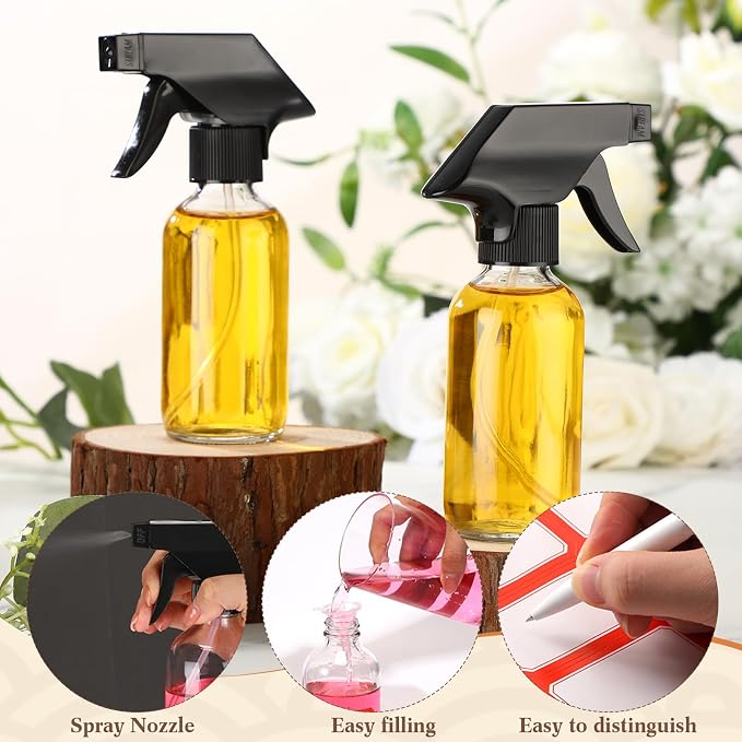 Fumete 2 Pack Glass Bottles 4oz Empty Refillable Liquid Containers with 1 Label 1 Funnel for Essential Oils Hair Travel Plants Cleaning Skin Care(Clear, Black Top,Spray Bottle)