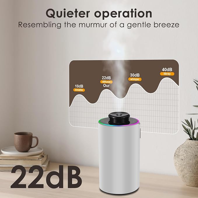 Waterless Essential Oil Diffuser with 8 Color LED Night Light, 3 Mist Levels & Timers, Portable Rechargeable Aromatherapy Diffuser for Home Car Room Studio Office, Metal (Silver)