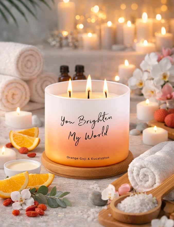 Orange Goji Eucalyptus Scented Soy Candle | Large 3-Wick Candle for Home, 15.8 oz | Citrus & Eucalyptus Aromatherapy Candle | Birthday & Thank You Gifts for Women | Candles for Women & Men