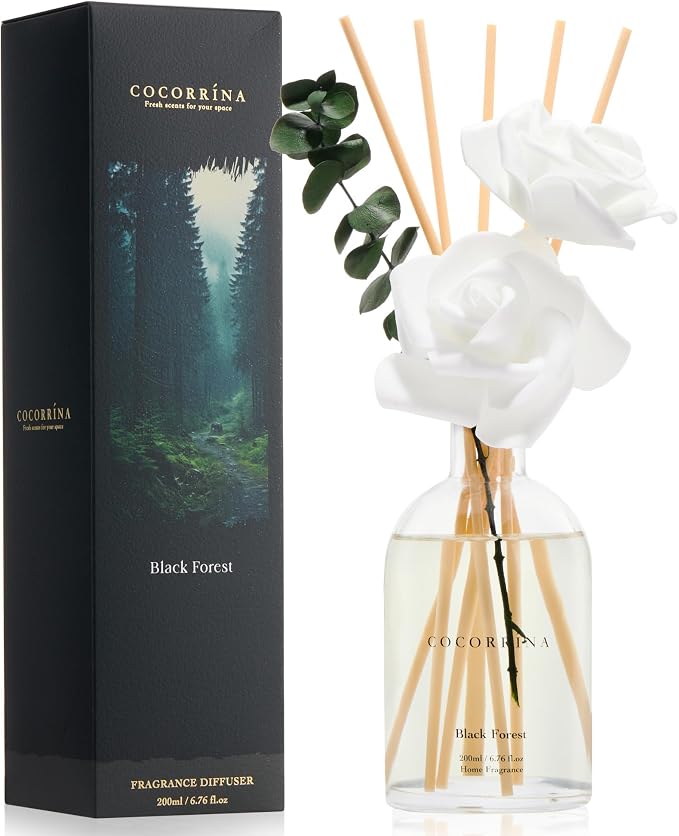COCORRÍNA Reed Diffuser - Black Forest Scent, 6.76 fl oz Essential Oil with 8 Reed Sticks - Home Fragrance for Bedroom Bathroom Shelf Décor