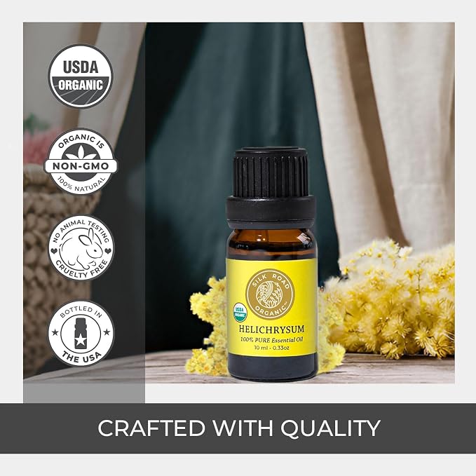 Silk Road Organic Helichrysum Italicum Essential Oil for Skin Care, Wrinkles, Scars, Bruises – 10ml Undiluted Euro Dropper, USDA Certified Immortelle Oil - Always Pure, Always Organic
