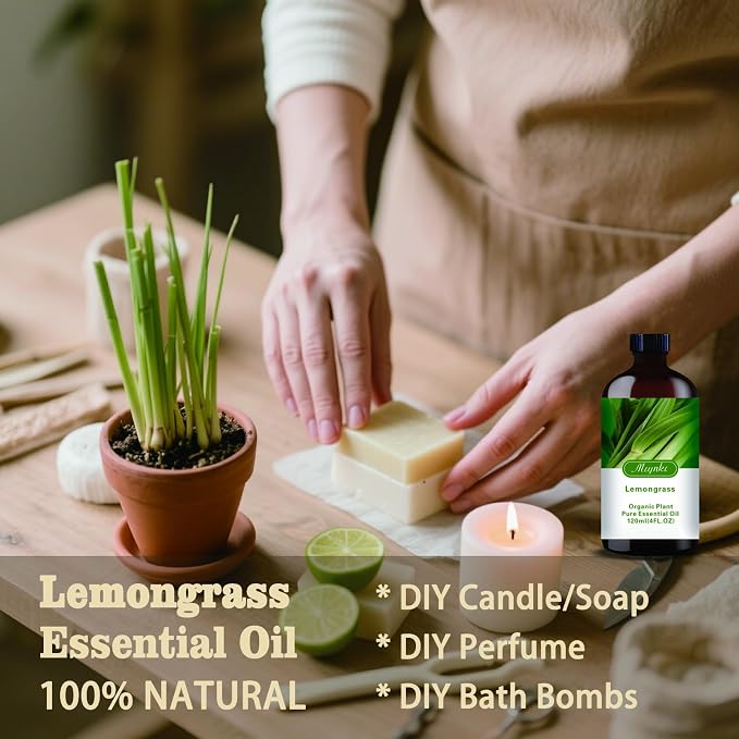 Lemongrass Essential Oil – Lemongrass Fragrance Oil for Cleaning, Diffuser, Humidifier, DIY Soap, Candle, Massage, Home, Pest Repellent, Gift Ready – MLYNKL Lemongrass Oils (4.33 fl oz / 130ml)