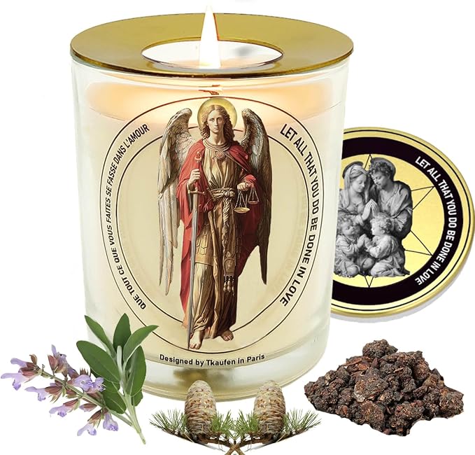 St. Archangel Michael Frankincense Sage Scented Candle 50 Hours with Warmer Ring│Hand-Poured Soy Wax│Protection, Evil Banishing, Spiritual Warrior, Cleansing, Defender│Design in Paris│3“×3.6”