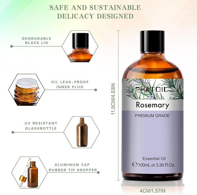 PHATOIL 3.38FL.OZ Rosemary Essential Oil, for Aromatherapy Diffusers, Humidifiers, Great for DIY Candle and Soap Making, Huge 100ML Bottle